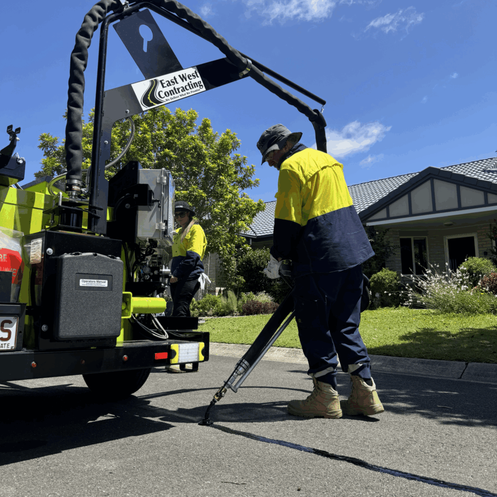 Worker using crack sealing machine on asphalt pavement in residential area